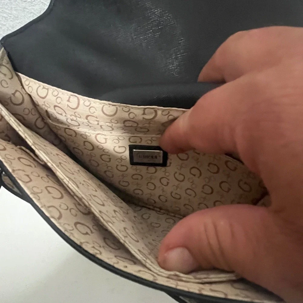 GUESS Baez Crossbody Handbag Black Grey Monogram Flap Top Handle Purse NWT Flaw